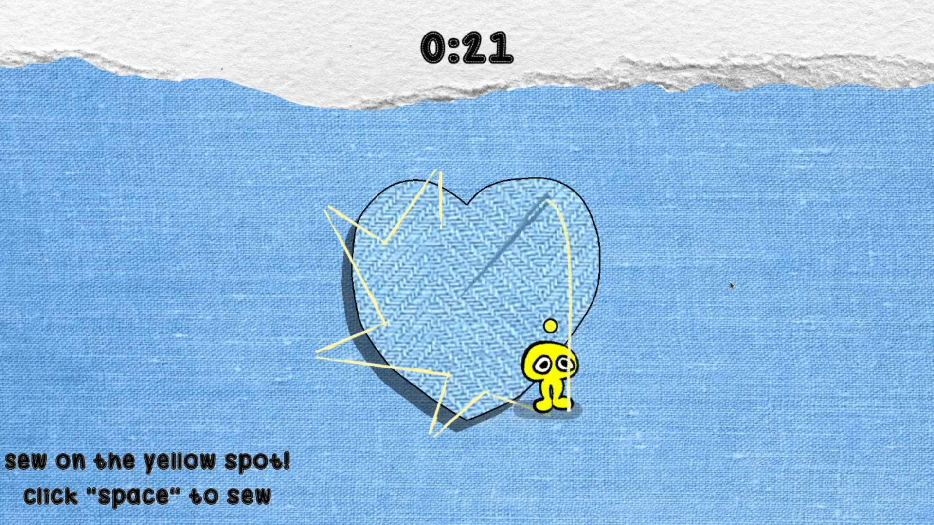 Sewing a heart-shaped patch over torn fabric